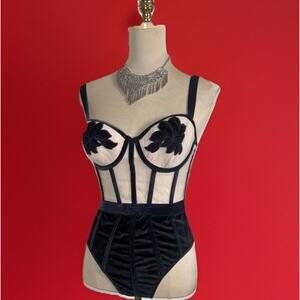 Victoria Secret | Black Nude Body Suit | Velvet Appliqué | Romantic Goth Witchy